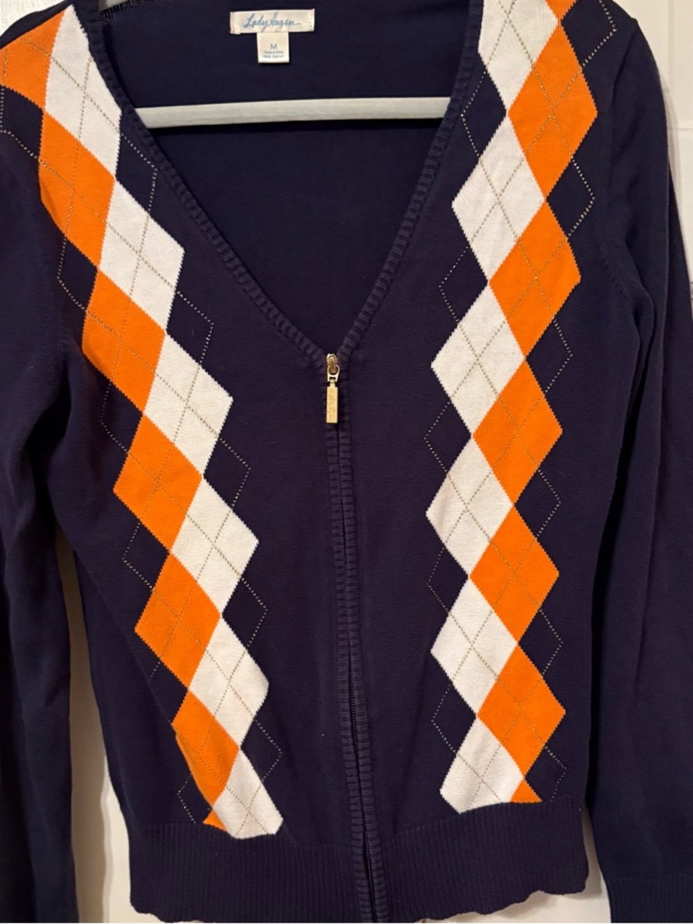 Lady Hagen Navy  Zip-Front Argyle Cardigan - Orange & White Diamonds M